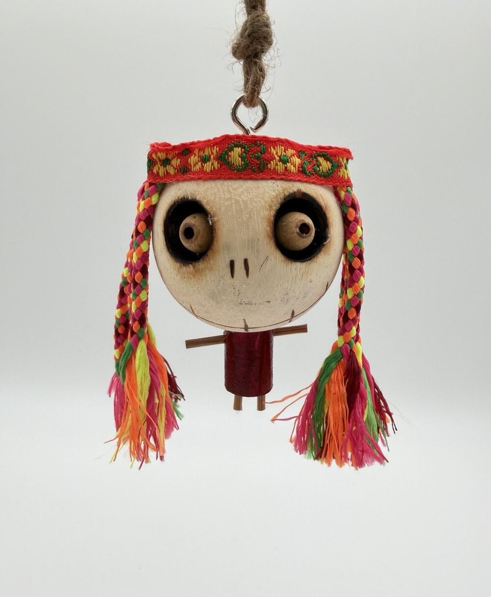 Pier 1 Imports Crazy Head Wooden Ornament 3” Hippy Halloween Decor